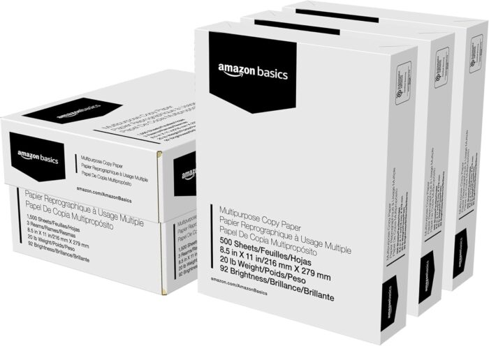 Amazon Basics Multipurpose Copy Printer Paper, 8.5 x 11 in, 20 lb, 3 Reams, 1500 Sheets, 92 Bright, White