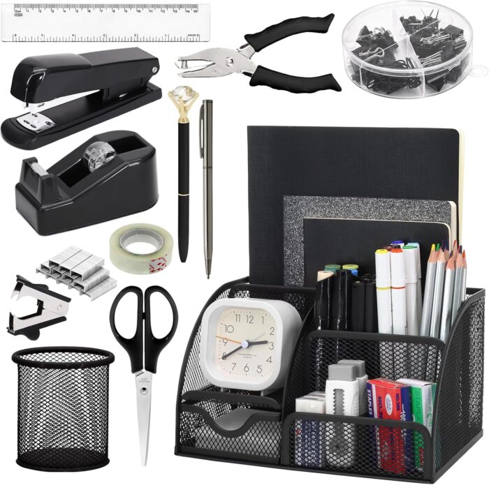13-in-1 Office Desk Organizer Set with Stapler and Tape Dispenser, Pen Holder, Scissors, Ruler, Hole Punch, 2 Pens & More – All-in-One Desktop Accessories for Home Office School Supplies (Black)